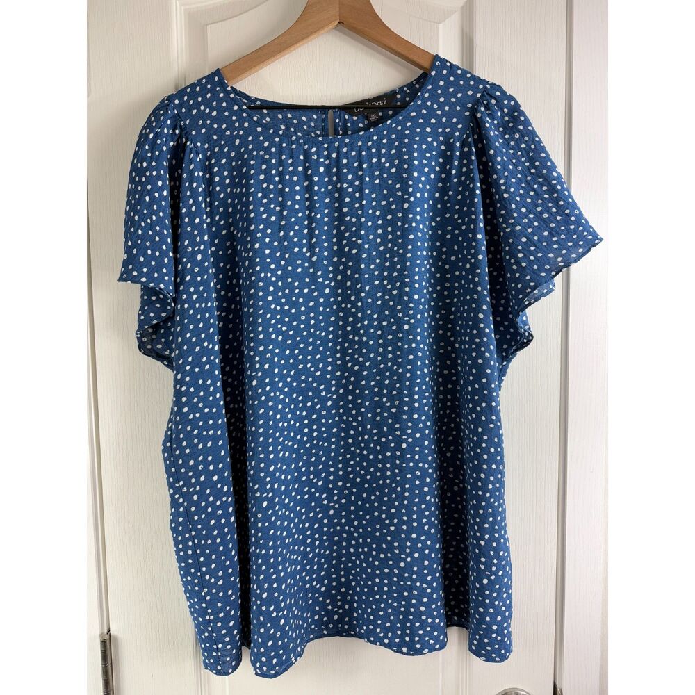 Davi & Dani Blue White Dot Print Short Sleeve Blouse Rayon Nylon Women's 2XL